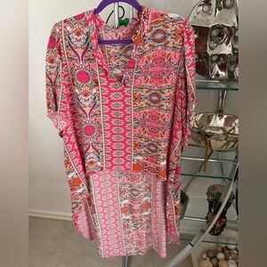 SHEIN Pink and Red Patterned Blouse high low style.